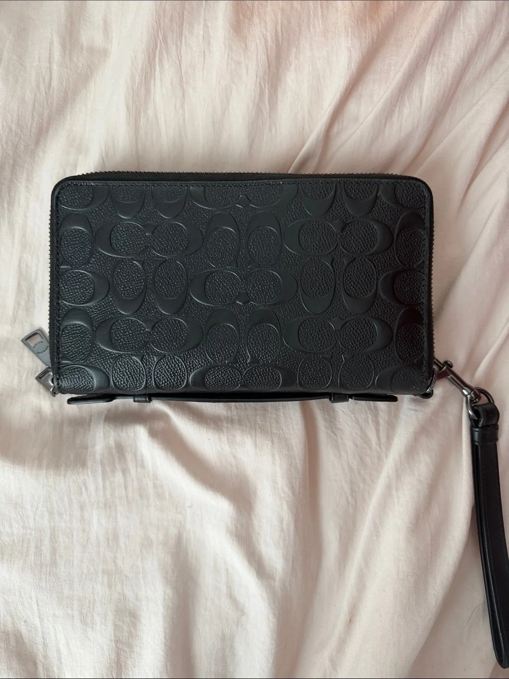 Coach Black Embossed Signature Wristlet men’s or women’s.